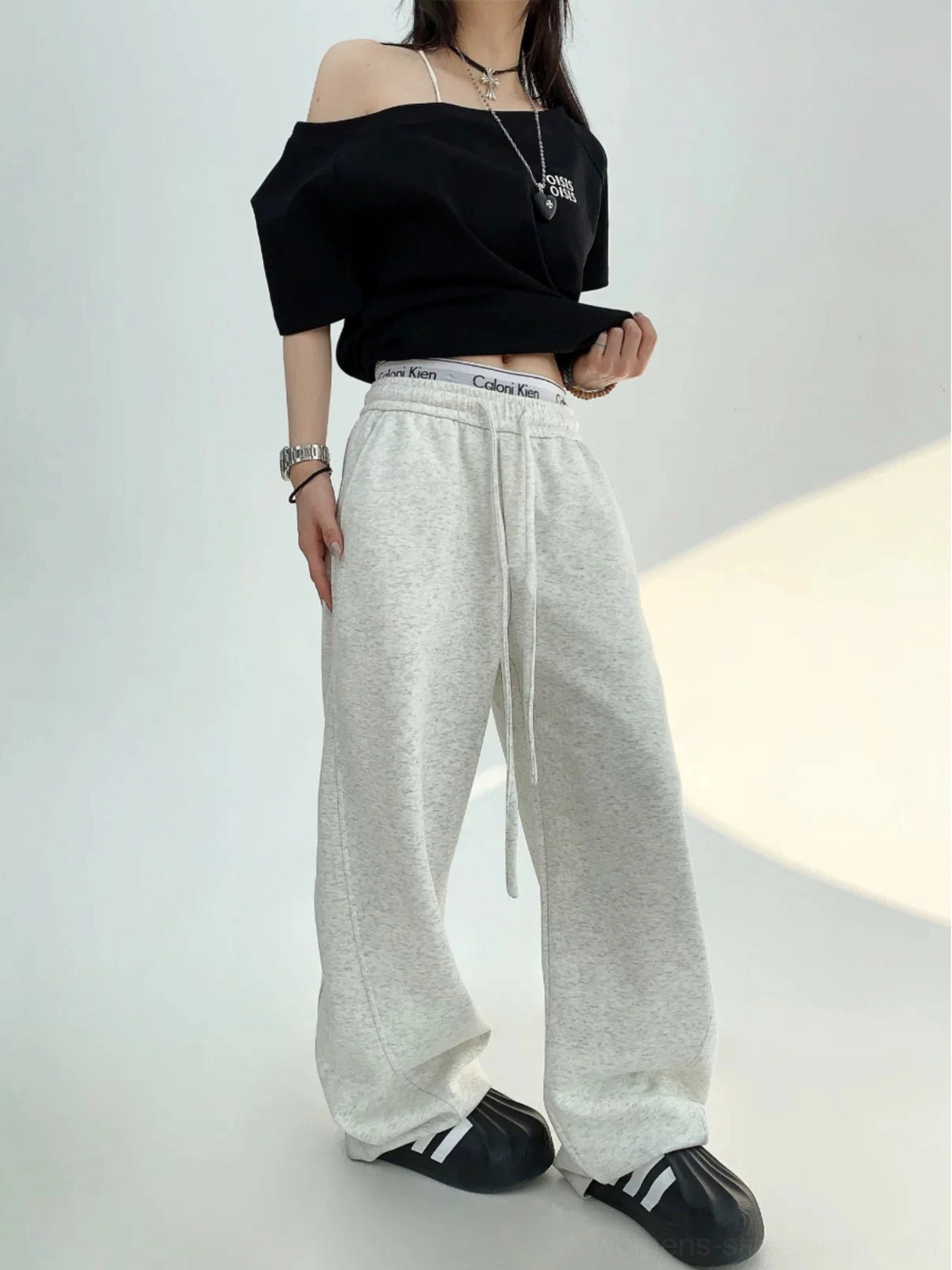 Light gray cloud soft wide-leg streetwear sweatpants with elastic drawstring waist and relaxed long-leg fit