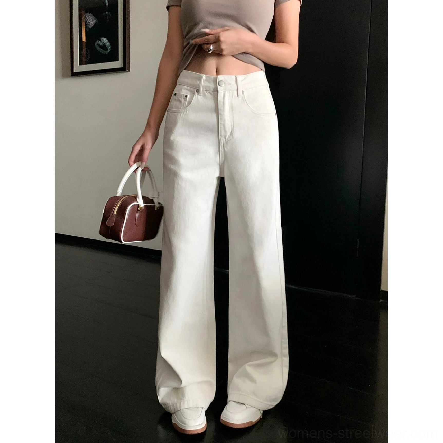 Cream off-white wide-leg denim streetwear pants product view highlighting the high-rise waistband classic five-pocket construction and full-length silhouette