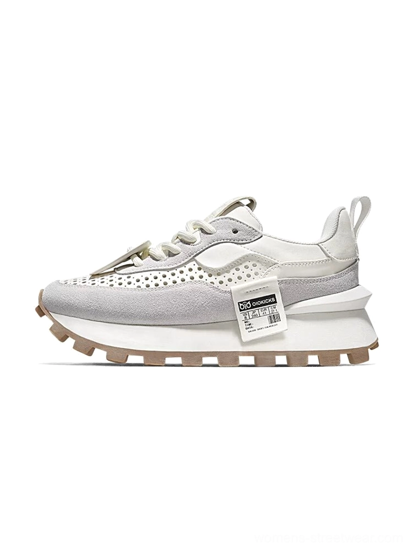 CloudStep leather retro runner sneaker in off-white and light gray with perforated toe box and brown waffle outsole left side view