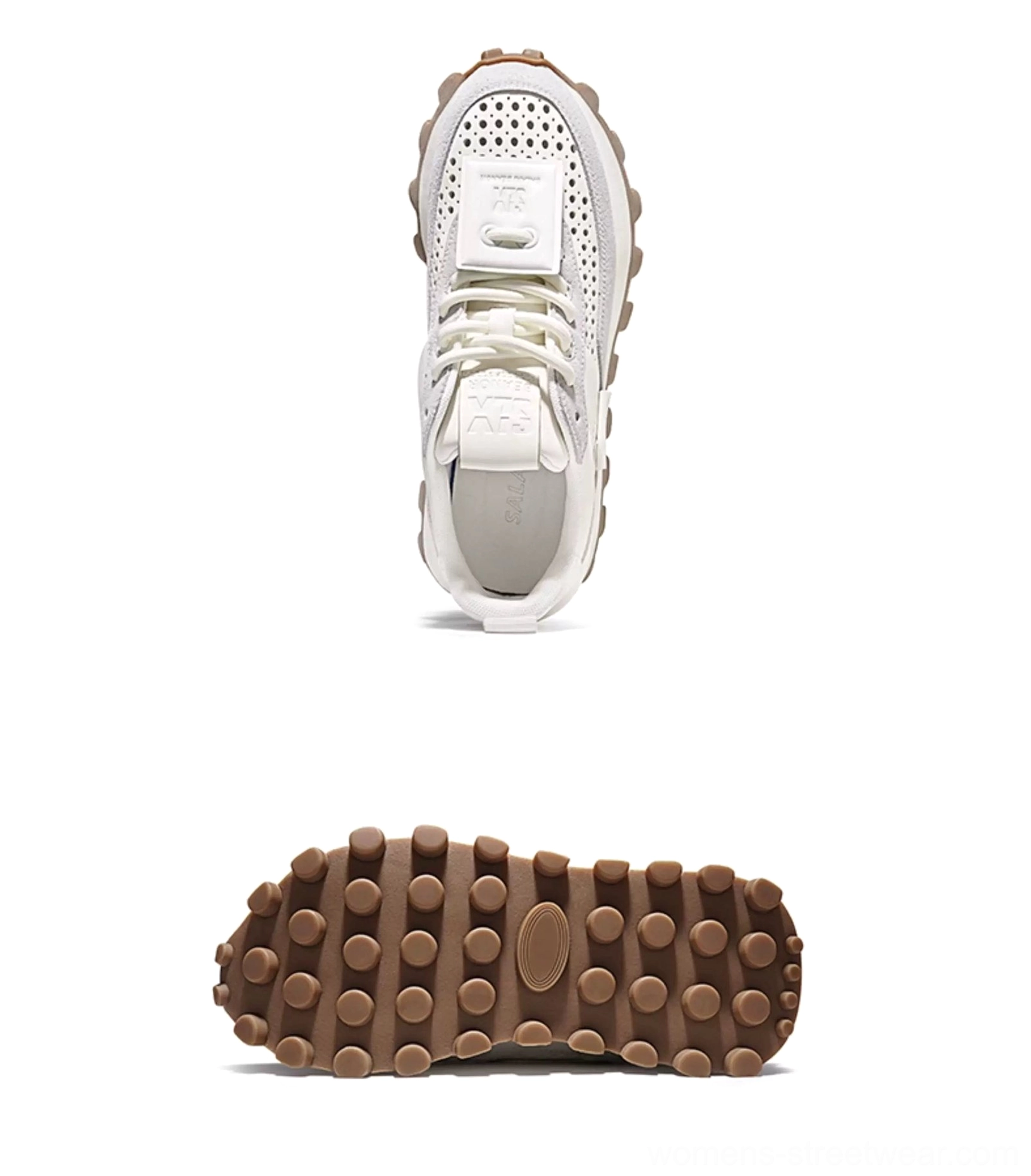 CloudStep leather retro runner sneaker rear three-quarter view with stacked heel panel, heel pull tab, and brown rubber waffle outsole