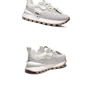 CloudStep retro runner sneaker high front three-quarter view showing layered white and light gray leather upper, laces, and chunky waffle sole