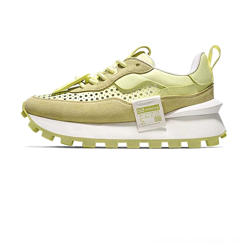 CloudStep lime green and sage green leather retro runner sneaker side view with layered upper and matching green waffle outsole