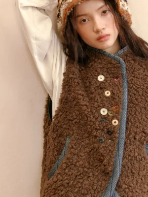 Cocoa brown reversible sherpa denim vest close-up with fluffy fleece texture, blue contrast trim, colorful mismatched buttons, and side pockets
