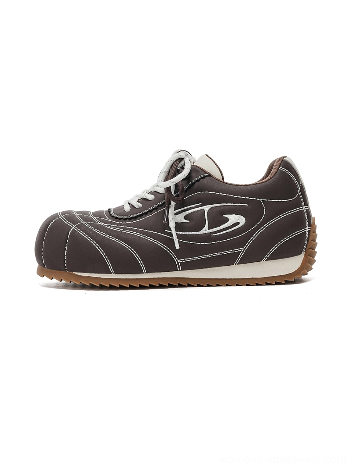 Coffee and beige low-profile retro streetwear trainers with contrast stitching white laces and gum rubber sole