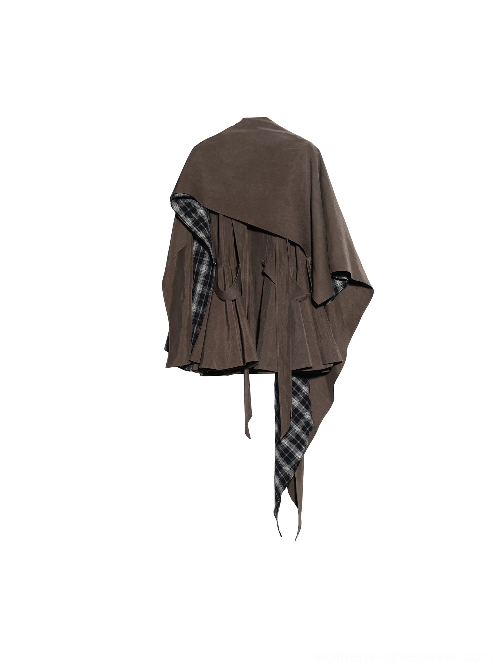 Flat lay back view of coffee brown asymmetric cape blouse showing plaid contrast lining, hanging straps, irregular hem, and ruched waist drawstring construction
