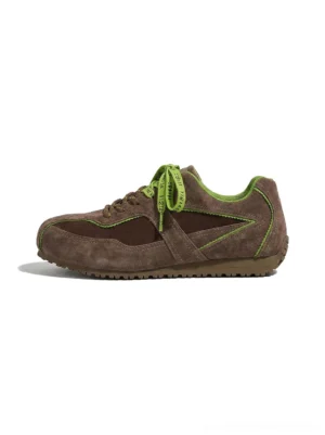 Coffee brown contrast suede retro sneakers with green stitching and wide green ribbon laces shown in a clean side product view