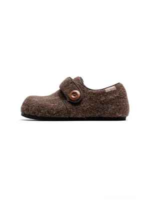 Solid coffee brown faux fur Velcro slip-on shoe with rounded toe plush texture and fleece-lined casual design