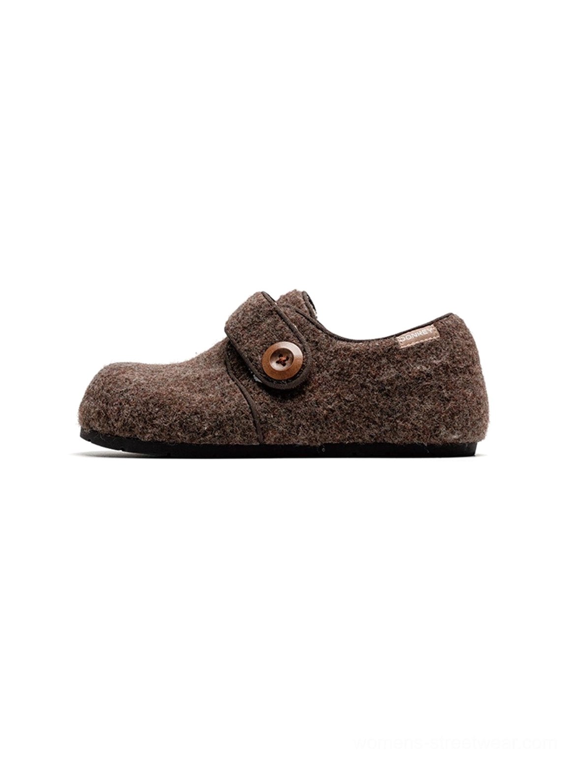 Solid coffee brown faux fur Velcro slip-on shoe with rounded toe plush texture and fleece-lined casual design