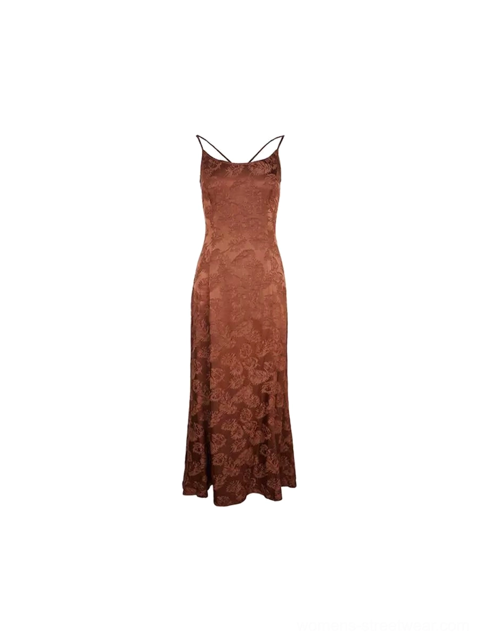 Coffee brown floral jacquard satin fishtail slip dress hanging flat with crisscross spaghetti strap back