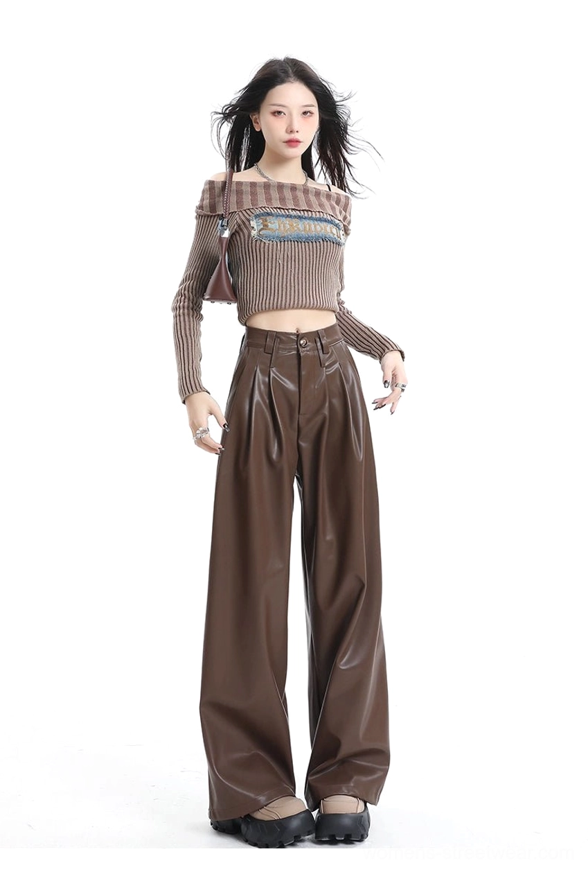 Full-body outfit featuring coffee brown high-waisted PU leather streetwear pants with cropped top and platform shoes
