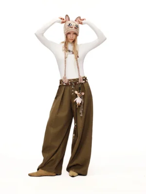 Coffee brown high-waisted ultra wide-leg streetwear trousers with front pleats and belted waist front view