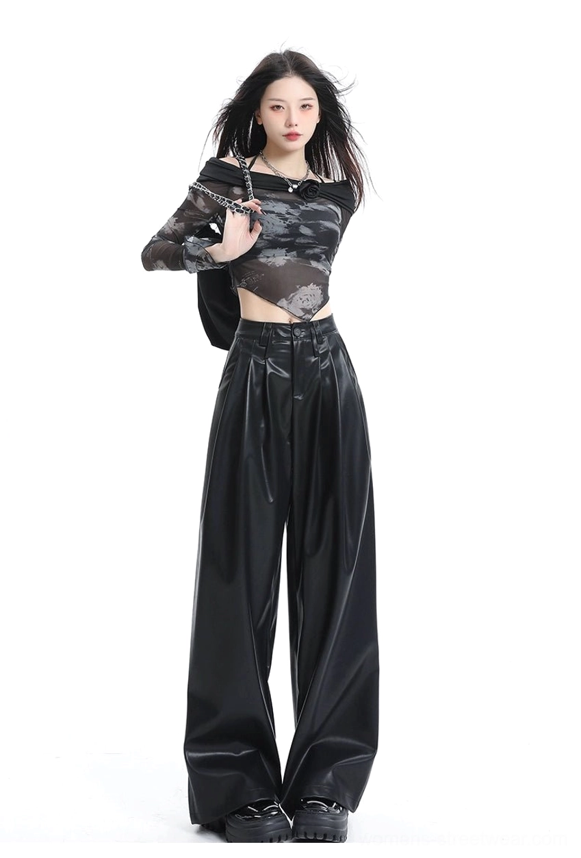 Coffee brown high-waisted wide-leg PU leather streetwear pants with pleated front and floor-length silhouette