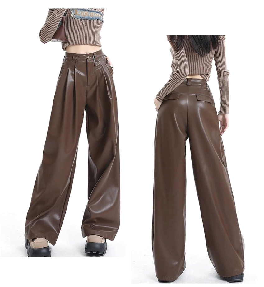 Front and back product display of coffee brown PU leather wide-leg pants showing pleats belt loops back pocket and loose fit