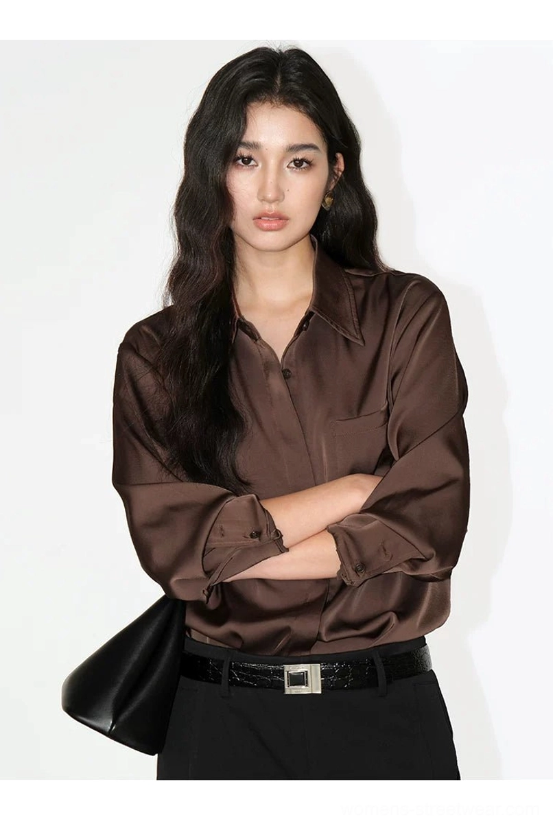 Coffee brown Korean streetwear satin button up shirt with rolled cuffs and black leather shoulder bag