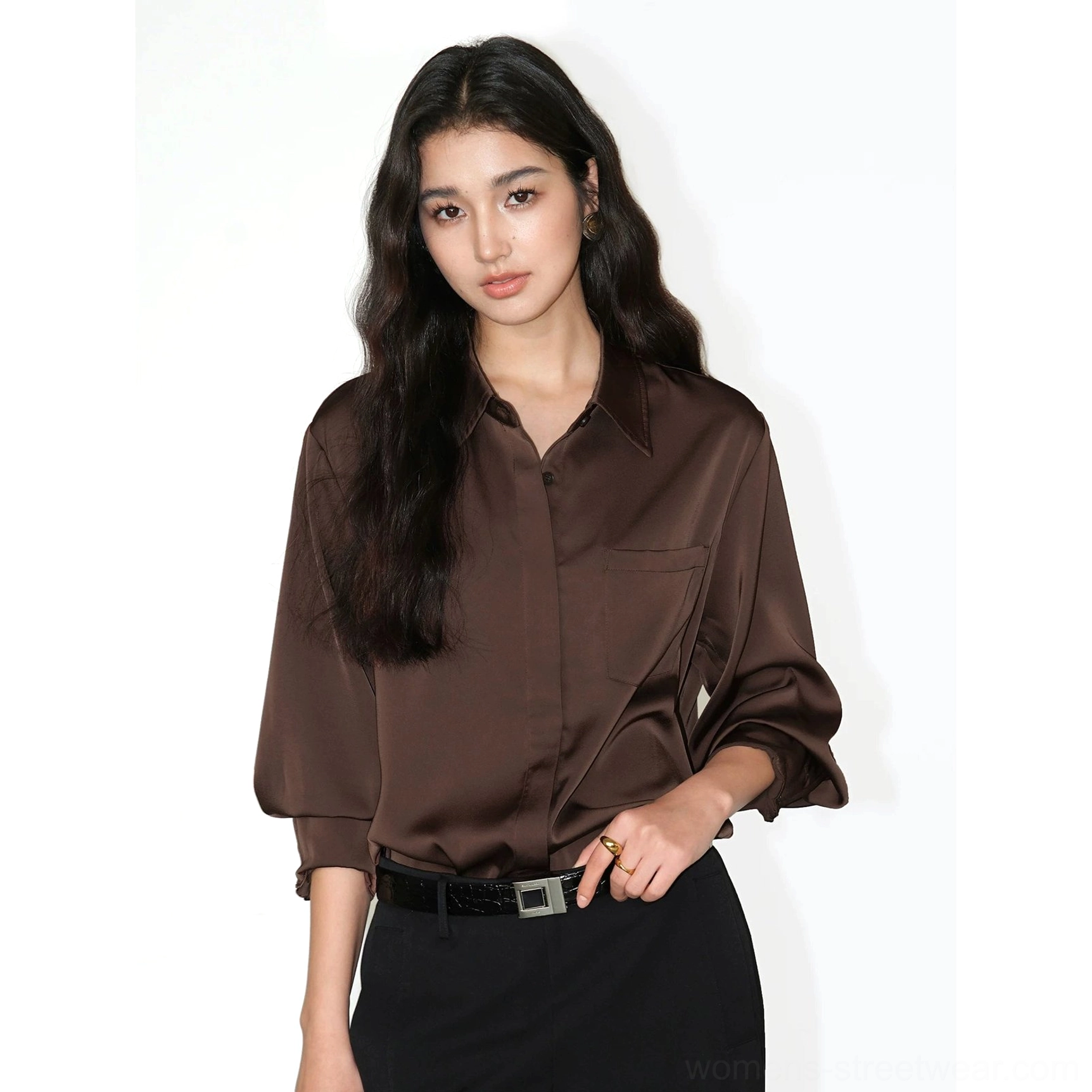 Coffee brown satin draped pocket shirt women's relaxed fit button front streetwear top