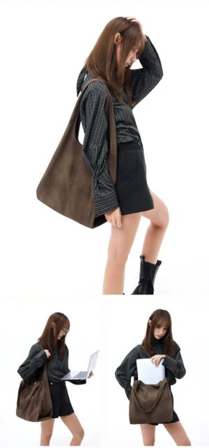 Dark coffee brown soft hobo tote bag shown from multiple angles with a slouchy faux suede body and spacious everyday design