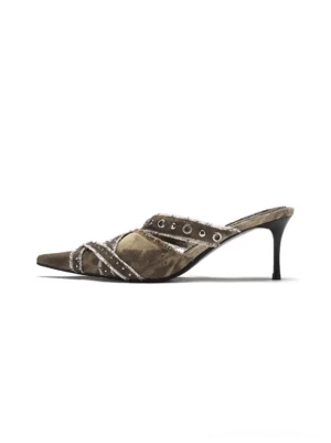 Coffee brown studded pointed mule heels with camo-inspired textile upper, crystal-style strap details, metal eyelets, and slim stiletto heels shown in side profile
