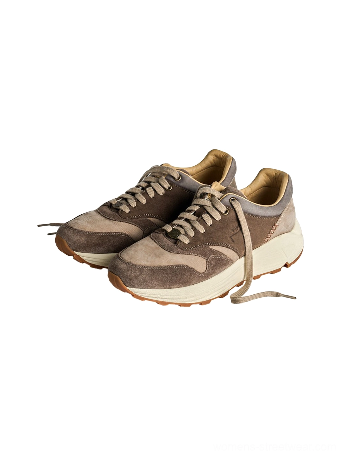 Coffee brown trail runner sneakers with distressed tonal panels and rugged gorpcore inspired sole