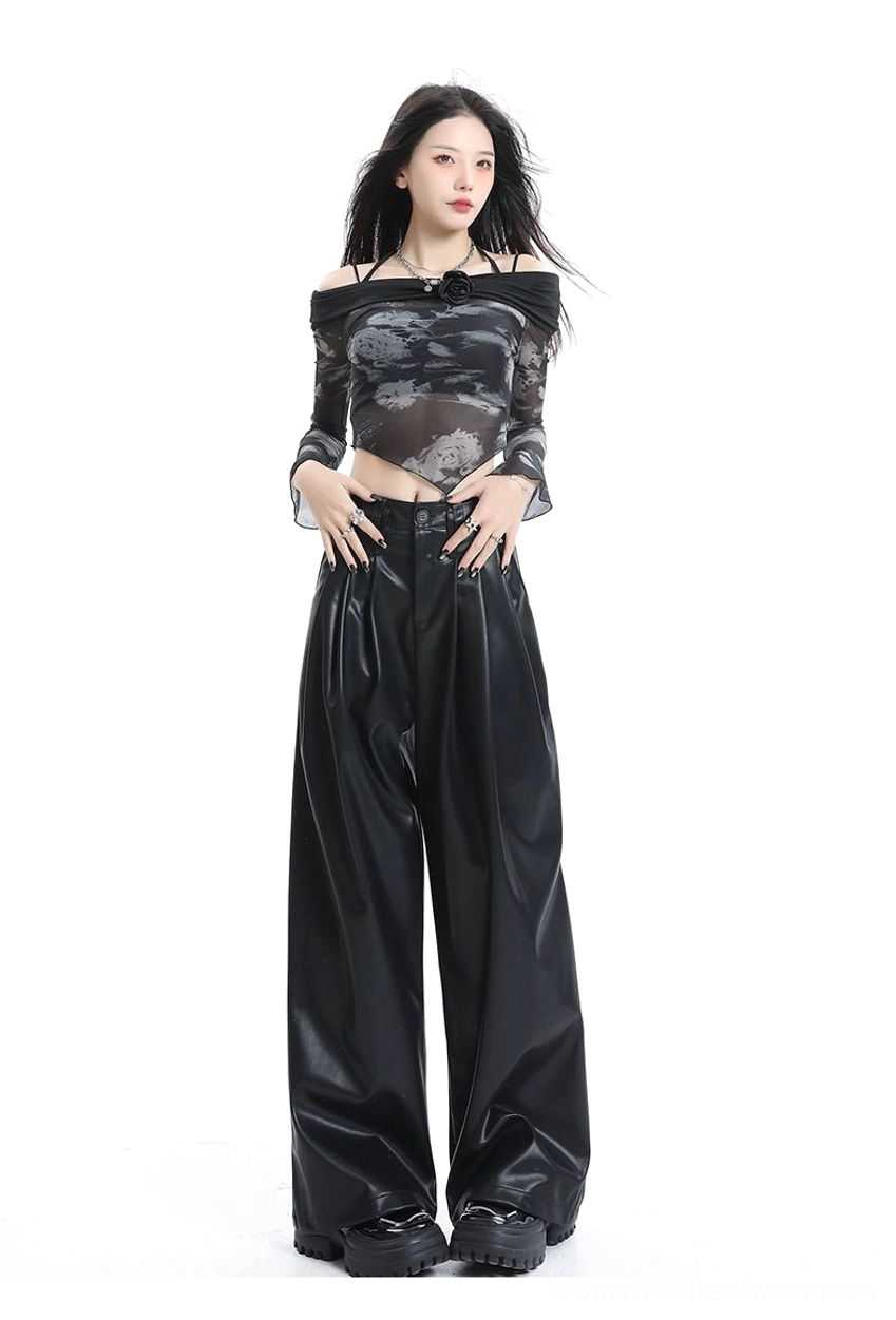 Coffee brown Y2K-inspired wide-leg faux leather pants with polished finish relaxed silhouette and high-rise waist