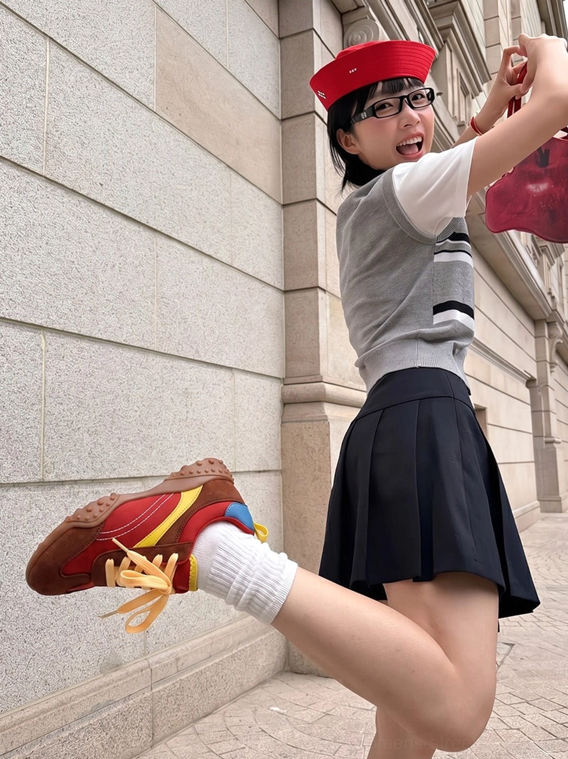 Close low-angle view of coffee colorblock low-profile trainers styled with a pleated skirt, gray vest and red beret