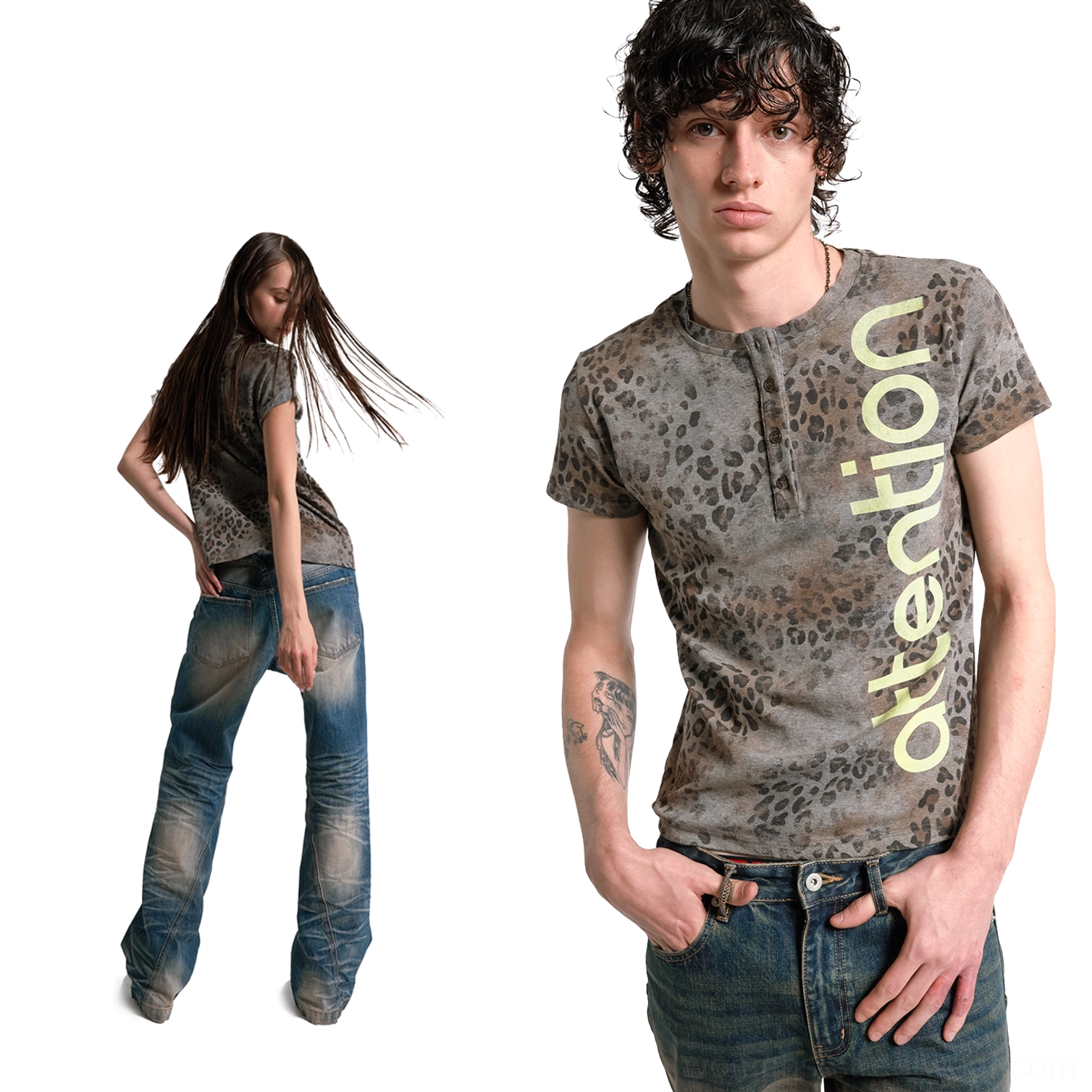 Faded leopard Henley tee available in coffee green with soft stretch jersey and bold vertical attention print