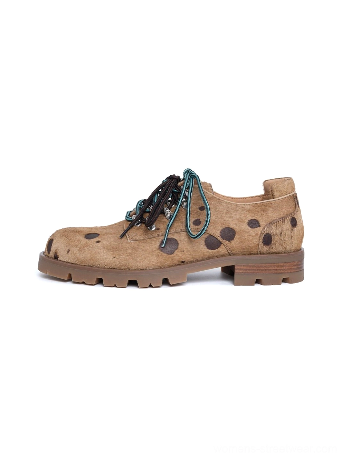 Coffee brown spotted pony hair effect leather Derby shoes with contrast black and teal laces, square toe, and lug sole
