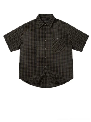 Coffee brown vintage plaid short sleeve button up streetwear shirt flat lay front view with chest pocket