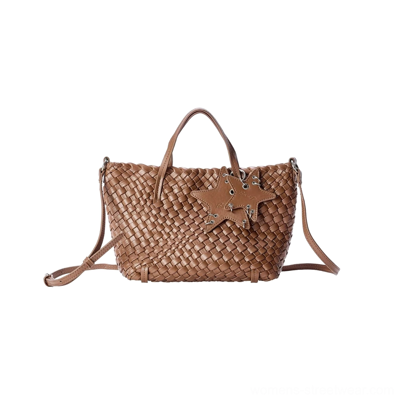 Cognac brown mini woven star charm shoulder bag front product view with detachable crossbody strap
