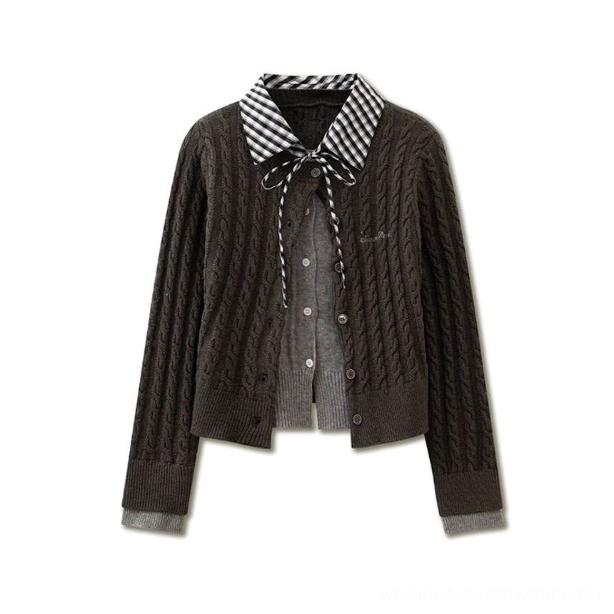 College gray cable knit preppy cardigan for women with button front and textured knit dark academia style