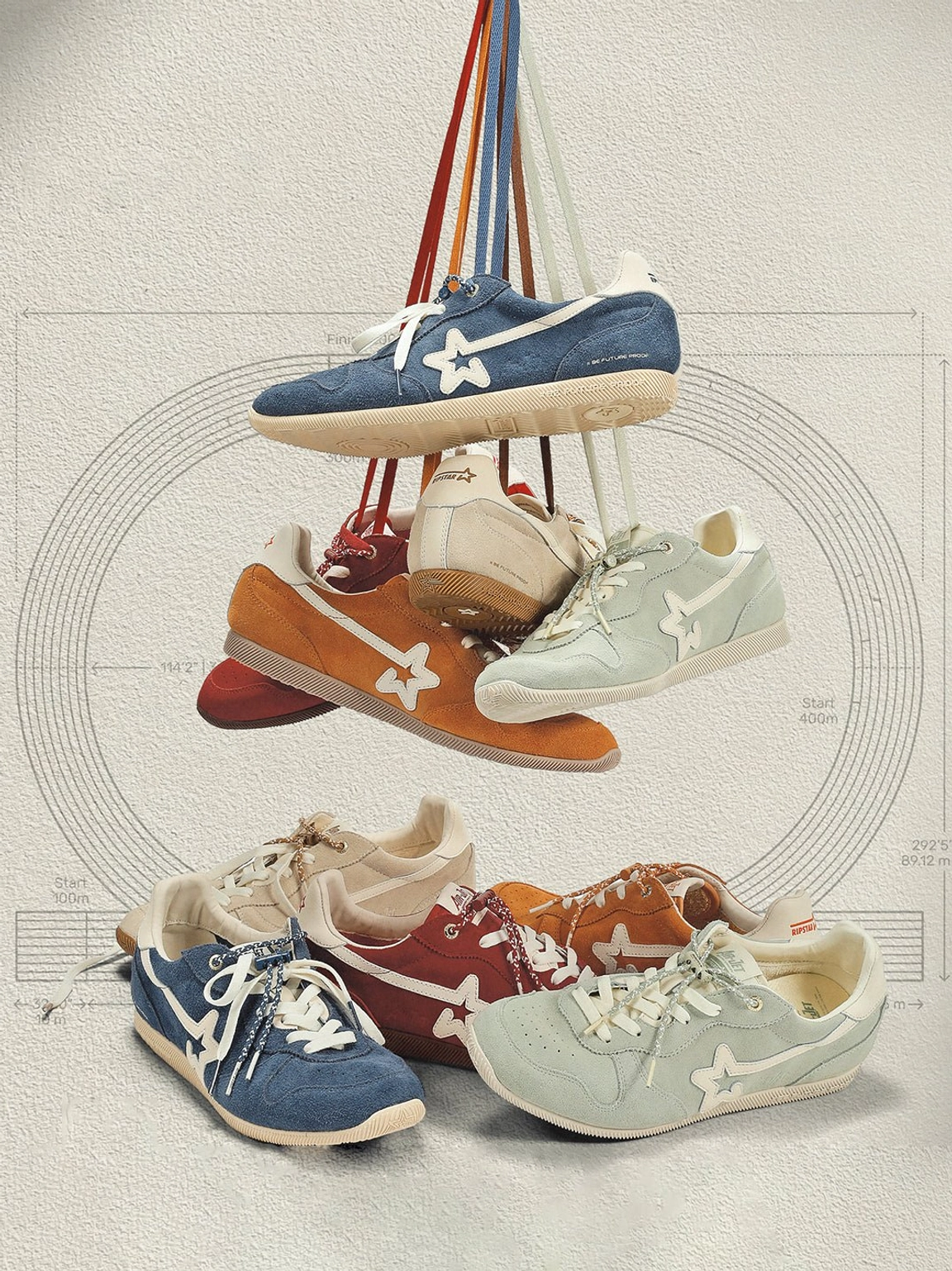 Color-block low-profile retro sneakers featuring suede and textile panels, curved side accents, flat laces, and a durable rubber outsole