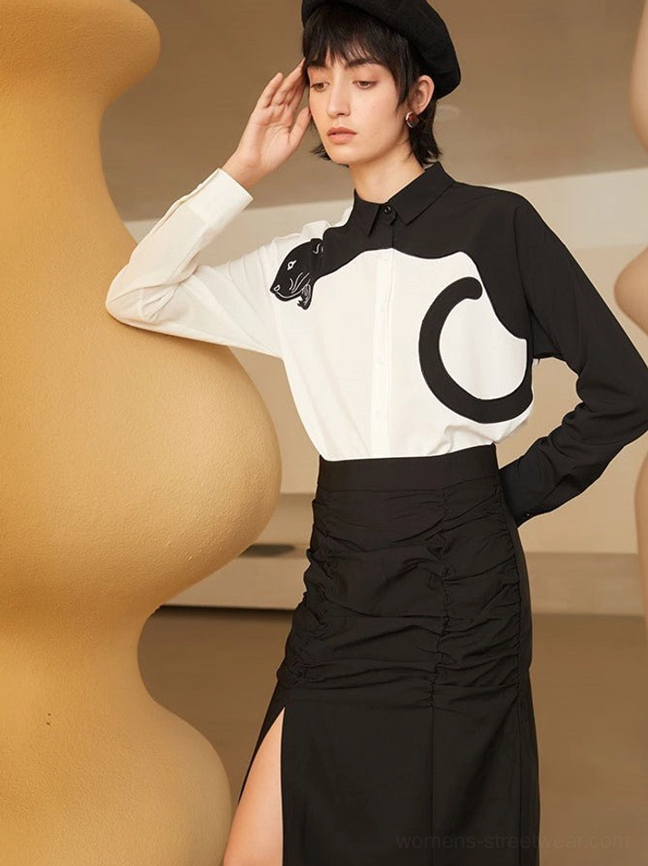 Color block panther embroidered blouse product image designed for contemporary East Asian street fashion