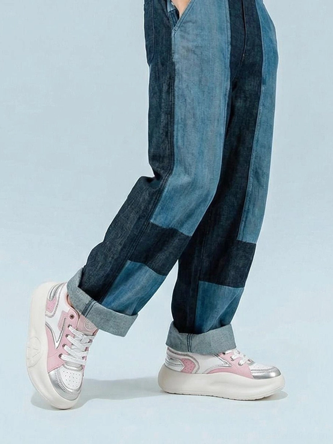 Color-block pastel platform sneakers featuring breathable mesh upper silver overlays and contemporary Y2K runner styling
