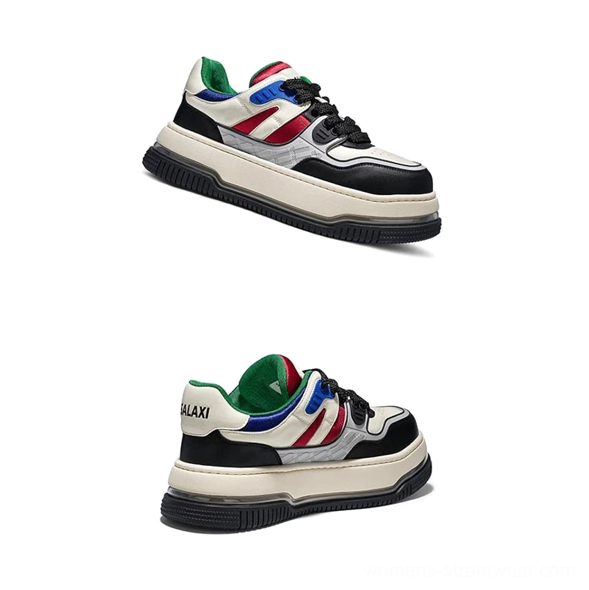 Side view of color-blocked chunky platform sneaker with contrasting panels green inner lining and raised streetwear sole