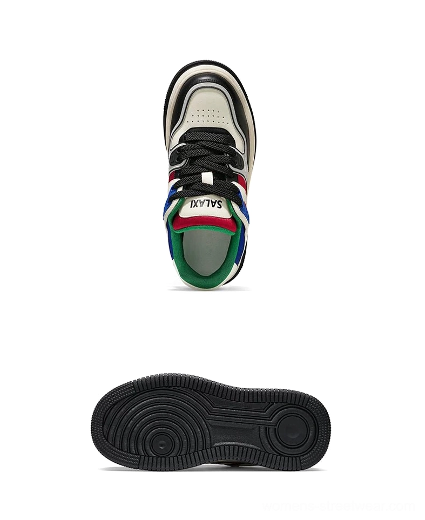 Top front view of color-blocked chunky platform sneaker with black flat laces contrasting upper and cushioned sole