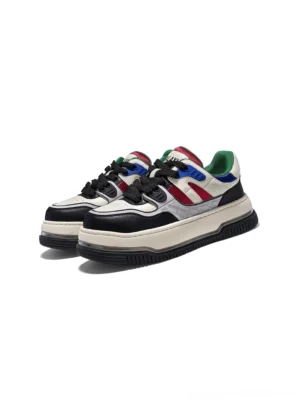 Pair of color-blocked chunky platform sneakers with off-white upper black toe caps and red blue streetwear accents