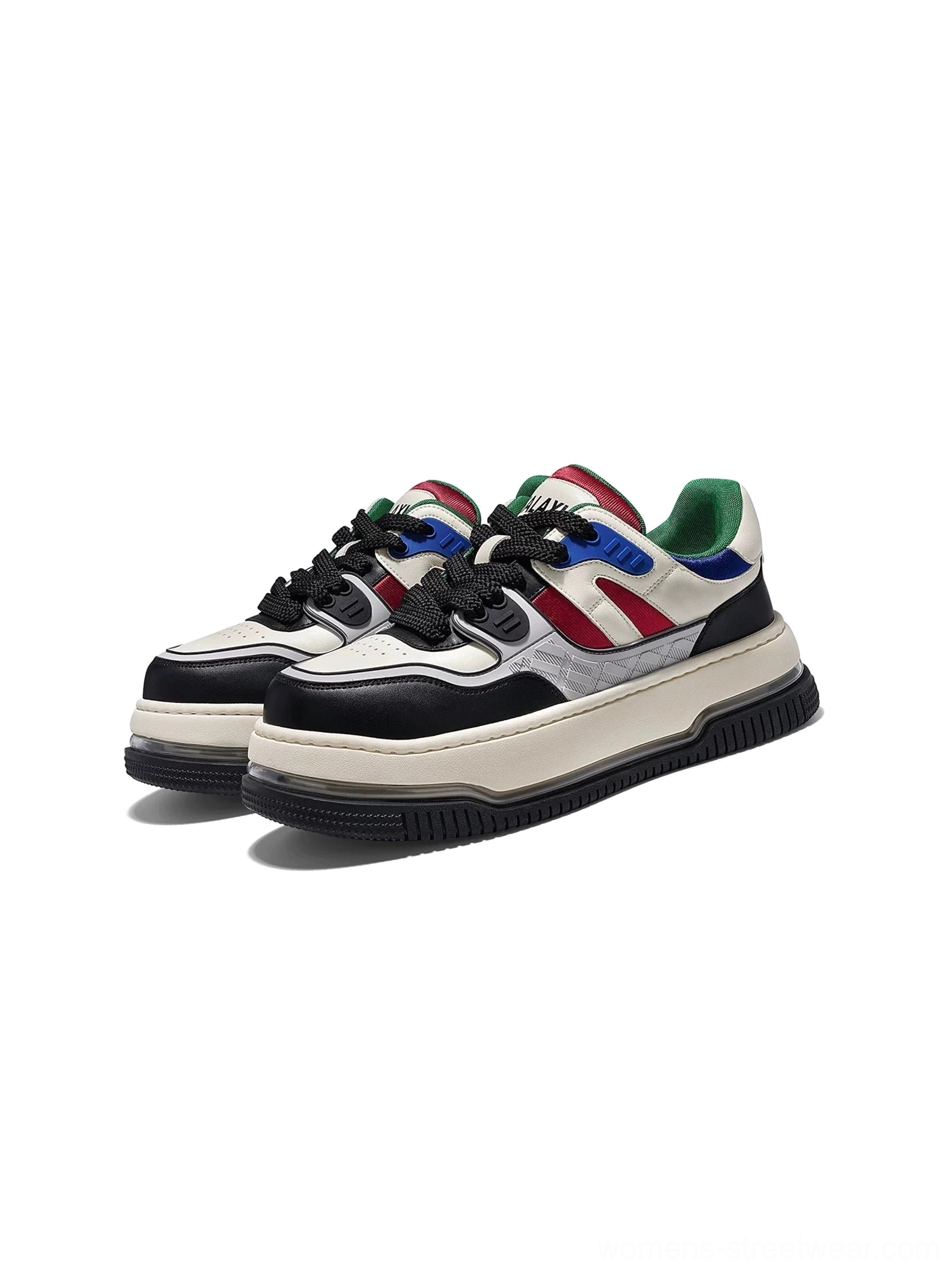 Pair of color-blocked chunky platform sneakers with off-white upper black toe caps and red blue streetwear accents