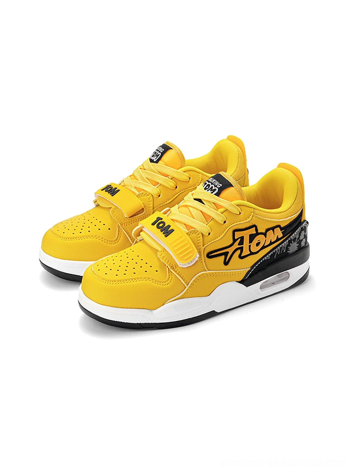 Colorblock basketball-inspired streetwear court sneakers product image featuring layered panels, bold accent colors, adjustable strap, and cushioned outsole