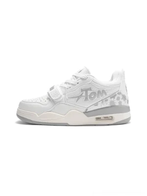White and gray colorblock basketball-inspired streetwear court sneakers with adjustable strap, graphic side detail, palm-inspired heel pattern, and cushioned air-style sole
