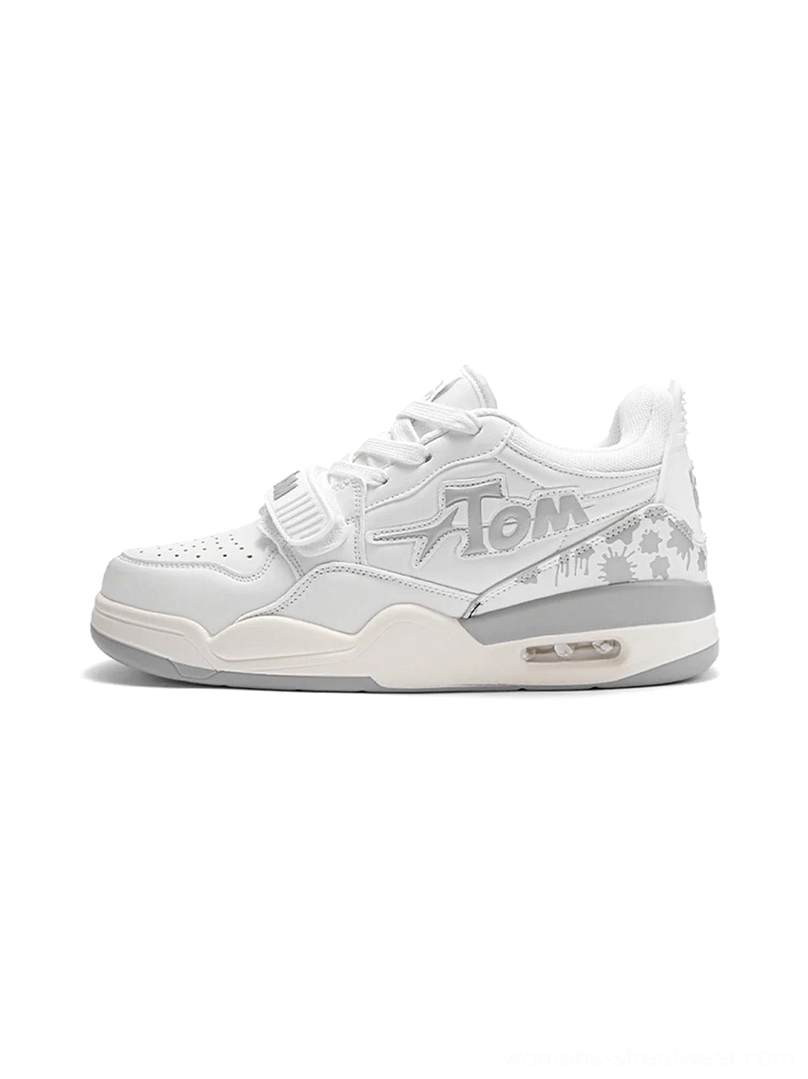 White and gray colorblock basketball-inspired streetwear court sneakers with adjustable strap, graphic side detail, palm-inspired heel pattern, and cushioned air-style sole
