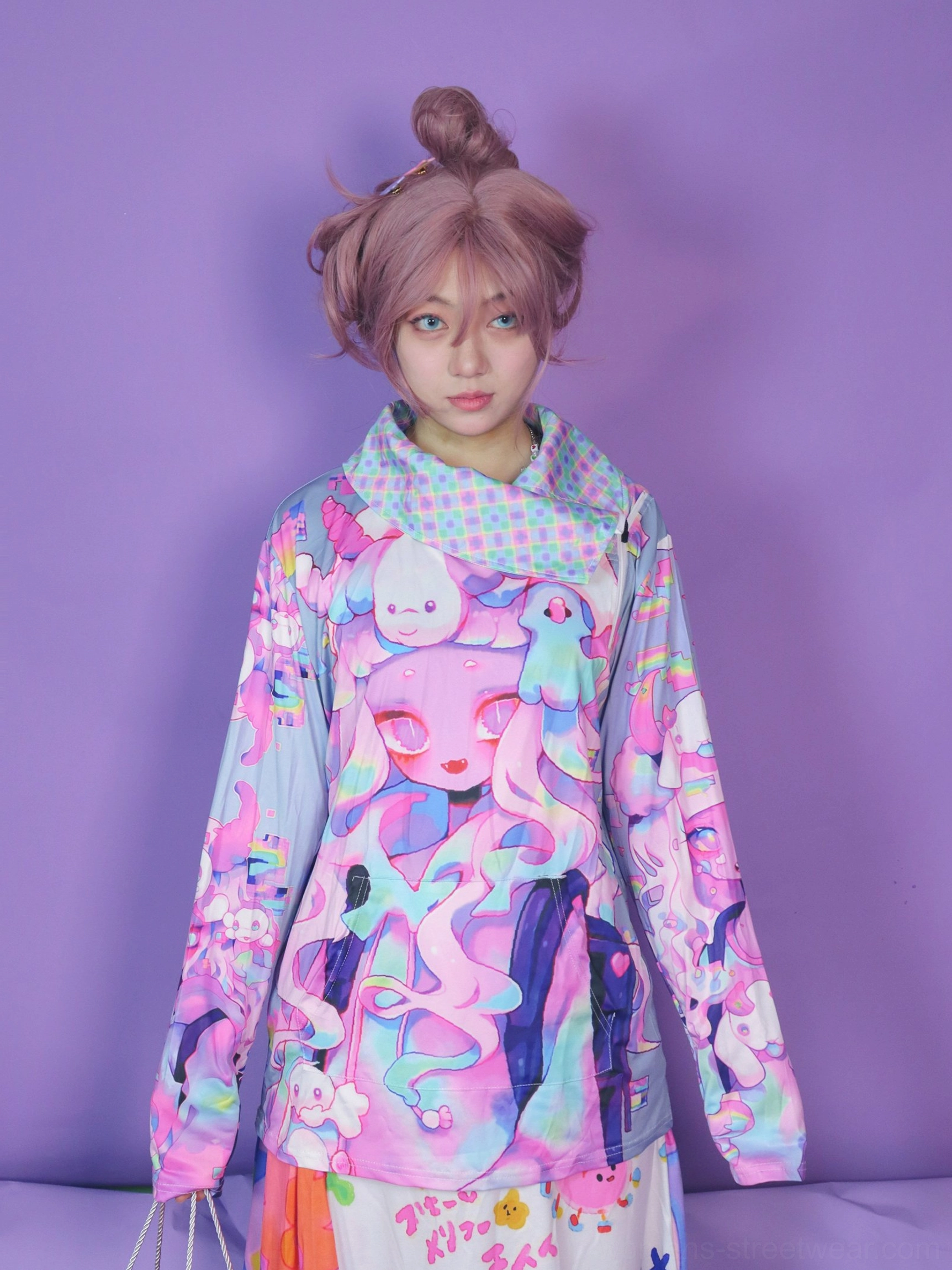 Full-body front view of a colorful all-over anime print sweatshirt with mesh collar and playful Seoul-inspired streetwear styling