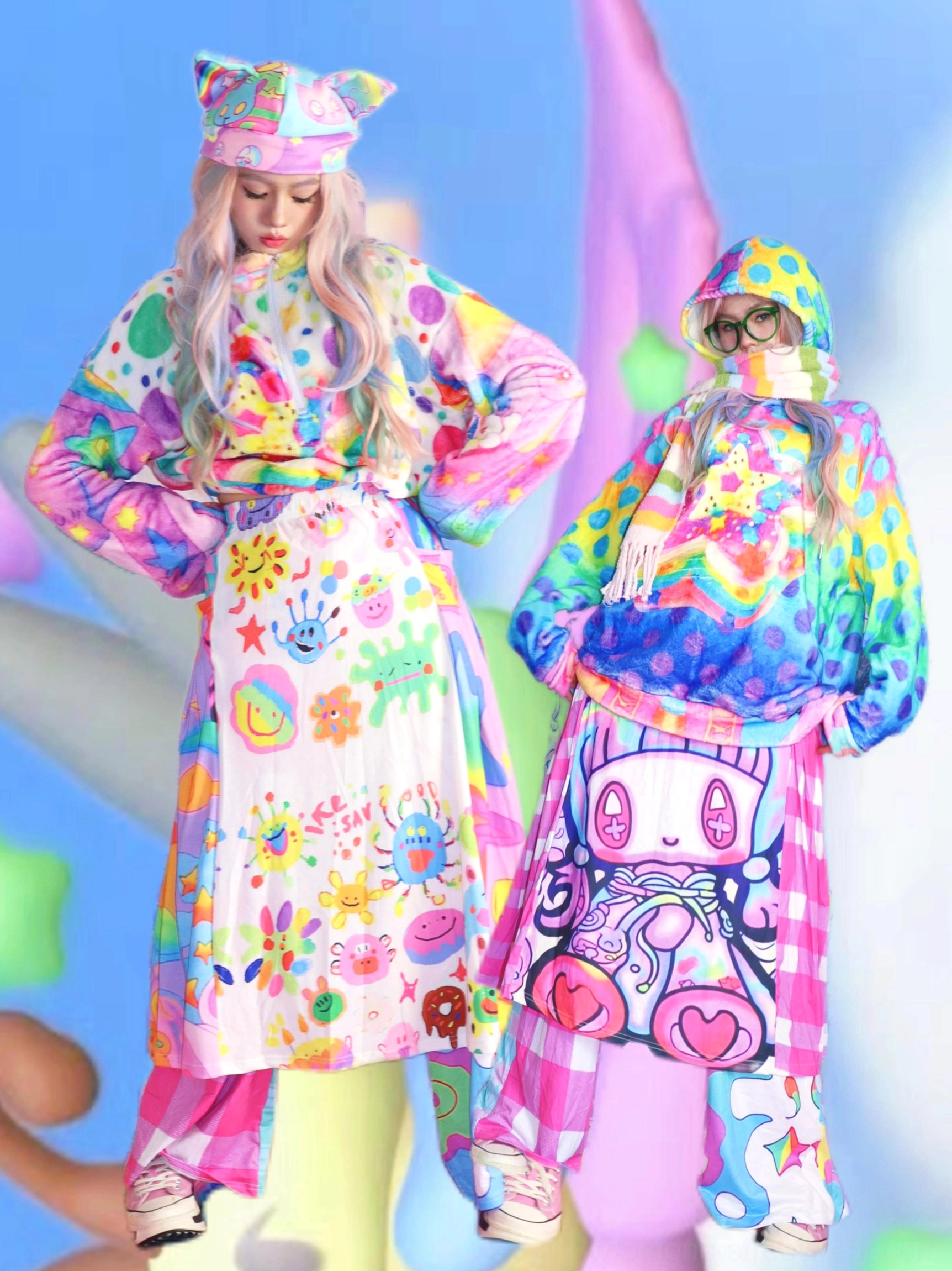 Colorful kawaii rainbow graffiti fashion set featuring a printed skirt with cartoon artwork, plush styling, and Harajuku-inspired streetwear details
