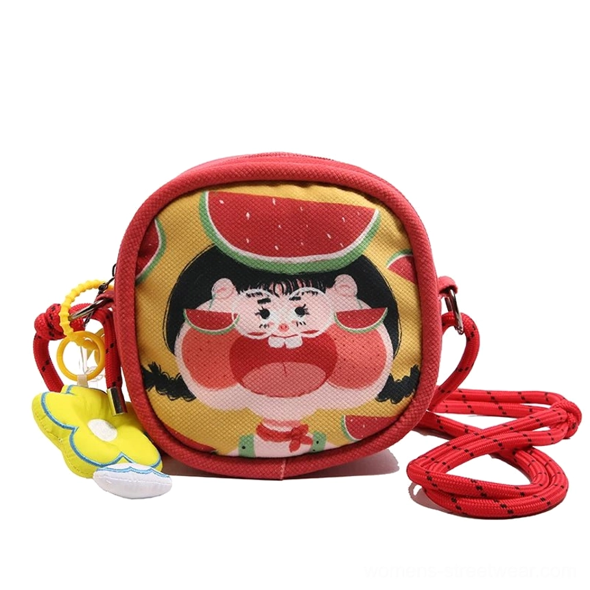Colorful Y2K cartoon mini crossbody bag with character artwork for Korean fashion and festival outfits