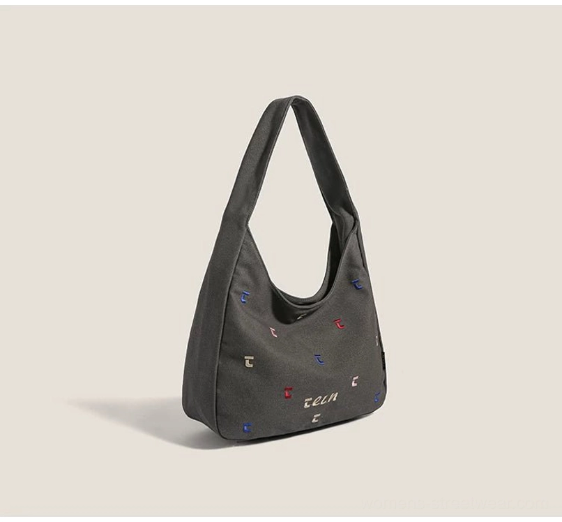 Black confetti embroidered canvas hobo shoulder bag for Korean streetwear styling