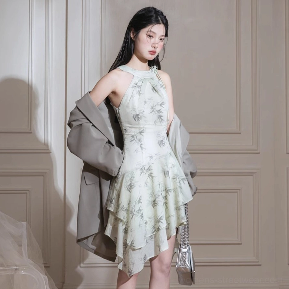 Contemporary East Asian fashion halter dress with delicate bamboo foliage print and layered ruffle hem