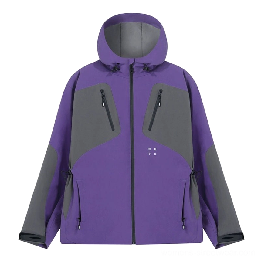 Contemporary outdoor jacket layering piece with functional chest pockets and modern color block styling