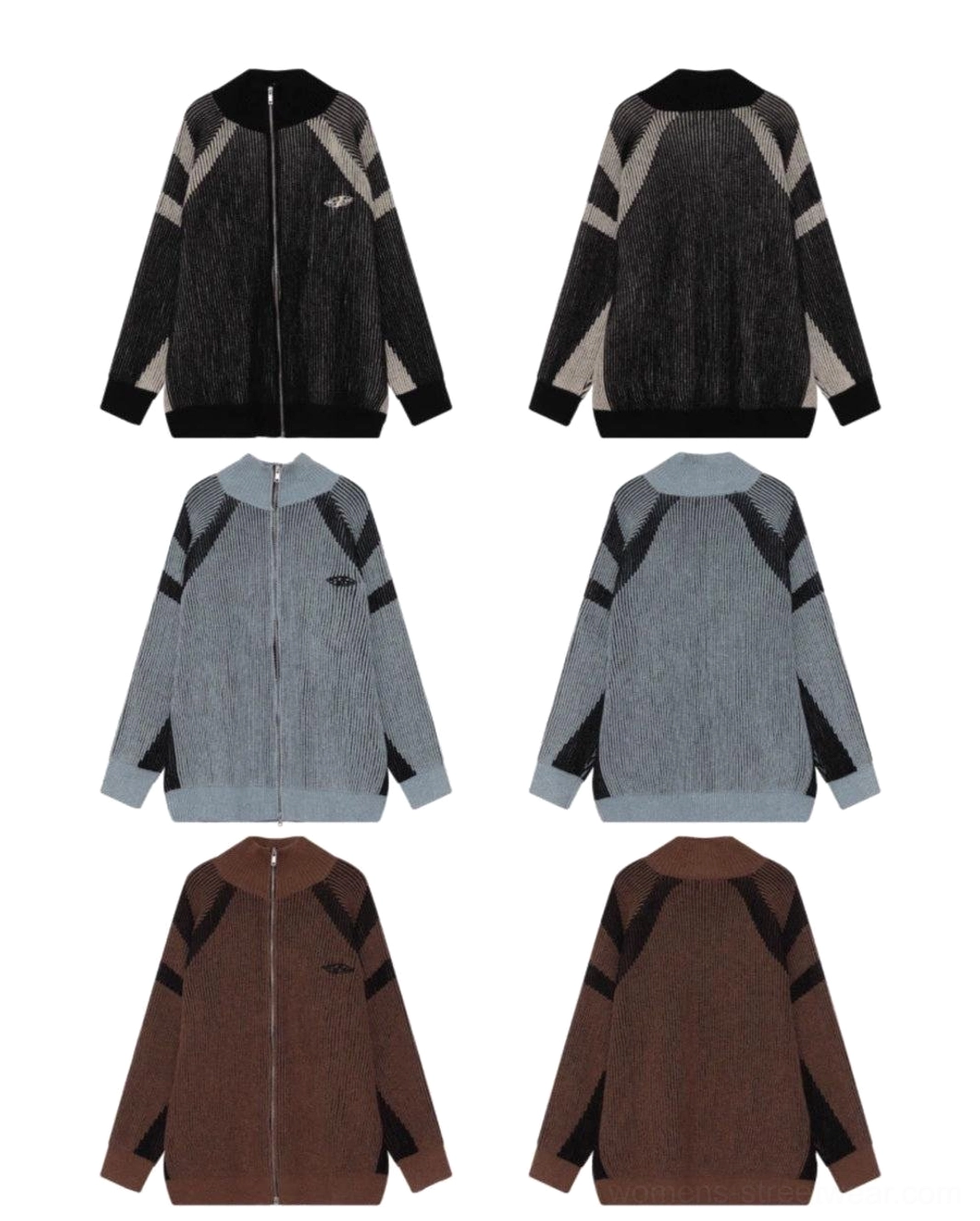 Contemporary oversized knit cardigan with high collar, full front zipper, contrast stripes, and relaxed East Asian street style
