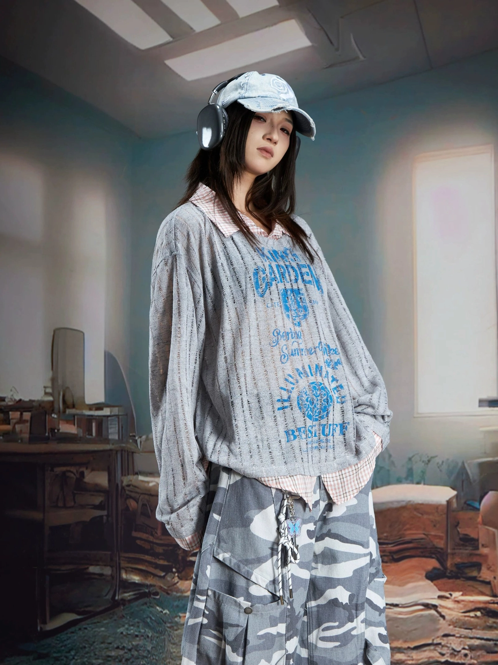 Contemporary sheer layered streetwear sweater with retro print, textured vertical stripes, plaid shirt effect, and unisex oversized styling