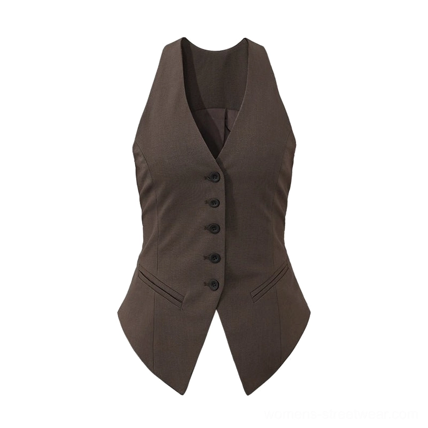 Contemporary two-piece halter vest and wide-leg trouser suit with retro tailoring and modern urban style