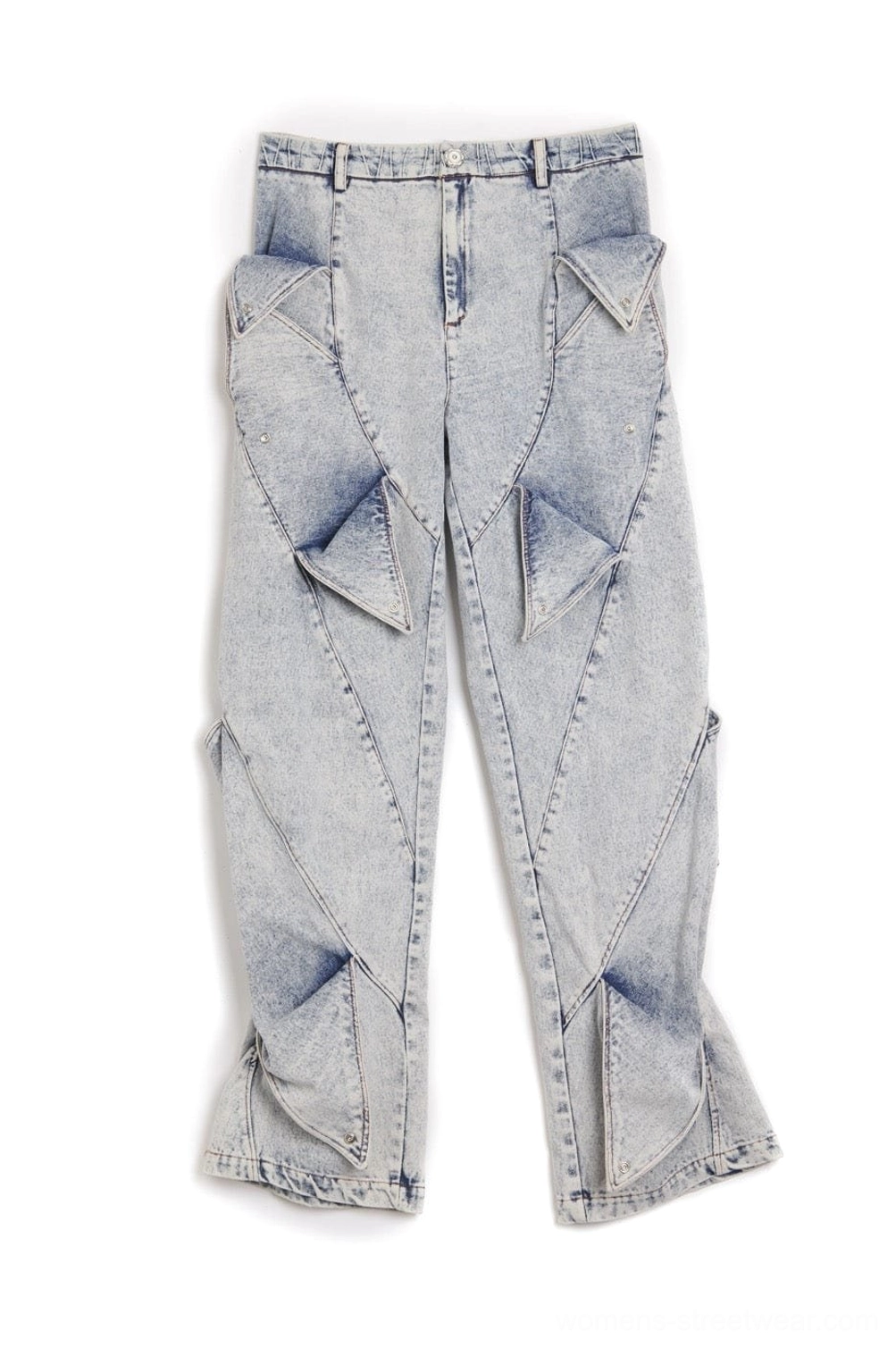 Contemporary wide leg shark fin jeans with acid washed denim and dimensional panel detailing