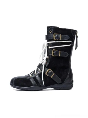 Black contrast lace-up buckled mid-calf combat boots side view with white laces and gold-tone hardware